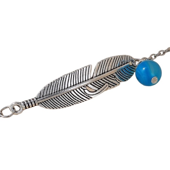 SILVER FEATHER ANKLE BRACELET WITH TURQUOISE BEAD - Picture 3 of 3